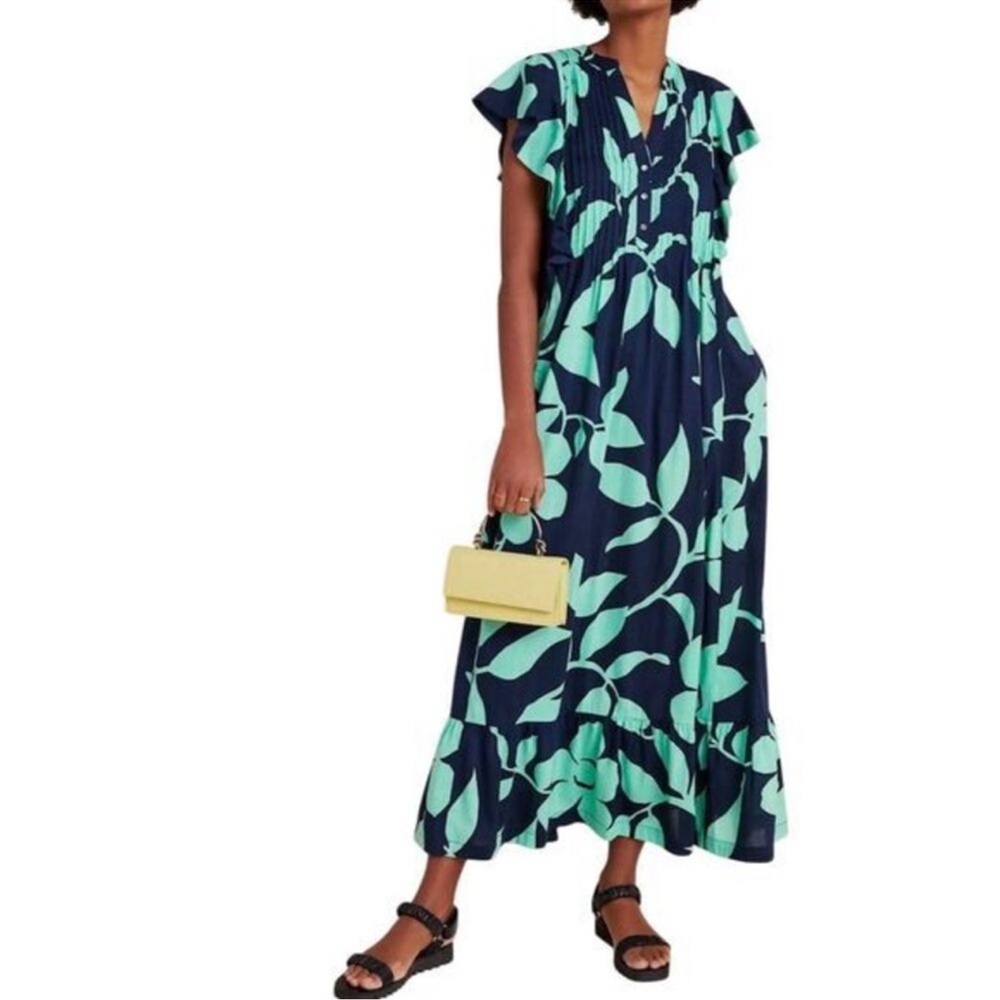 Anthropologie Maeve Cassandra Navy and Mint Floral Maxi Dress M